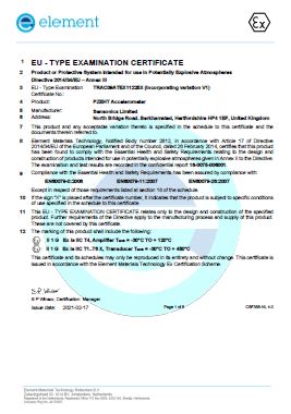 ATEX Certificate for PZEHT Accelerometer