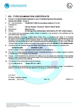 ATEX Certificate for VEL/G & VEL/GT Series Vibration Velocity Transducers