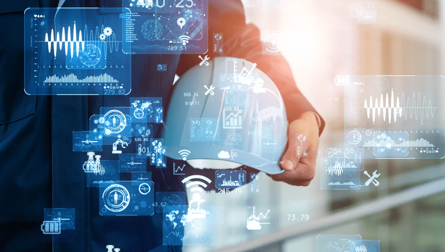 An image of a builder holding his hard hat surrounded by analytics and statistics demonstrating the benefits of accelerometers for OEM's.