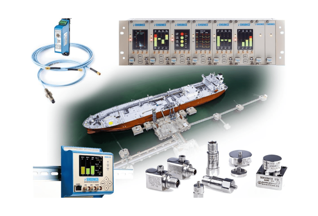 Container ship being loaded at a busy port, illustrating the critical role of advanced vibration monitoring systems in ensuring the safety and efficiency of maritime transportation in today's global trade.